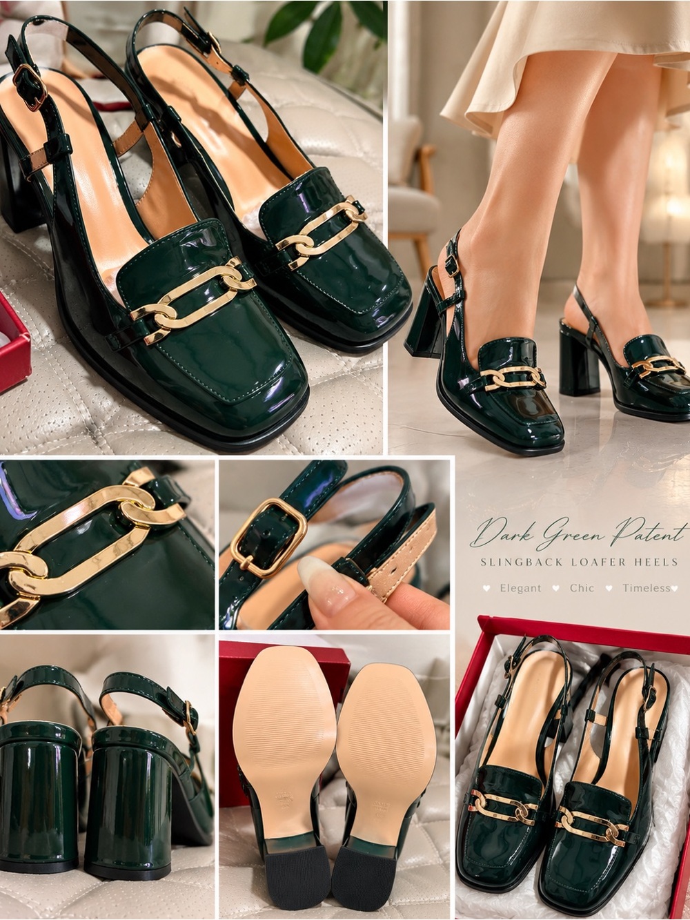 Dark Green Patent Slingback Loafer Heels with Gold Chain Accent